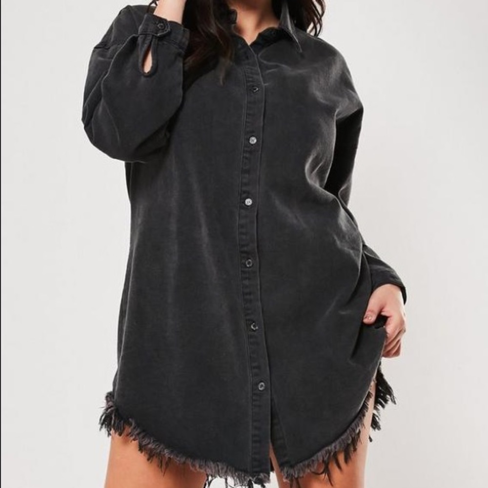 Black Frayed Hem Denim Shirt Dress